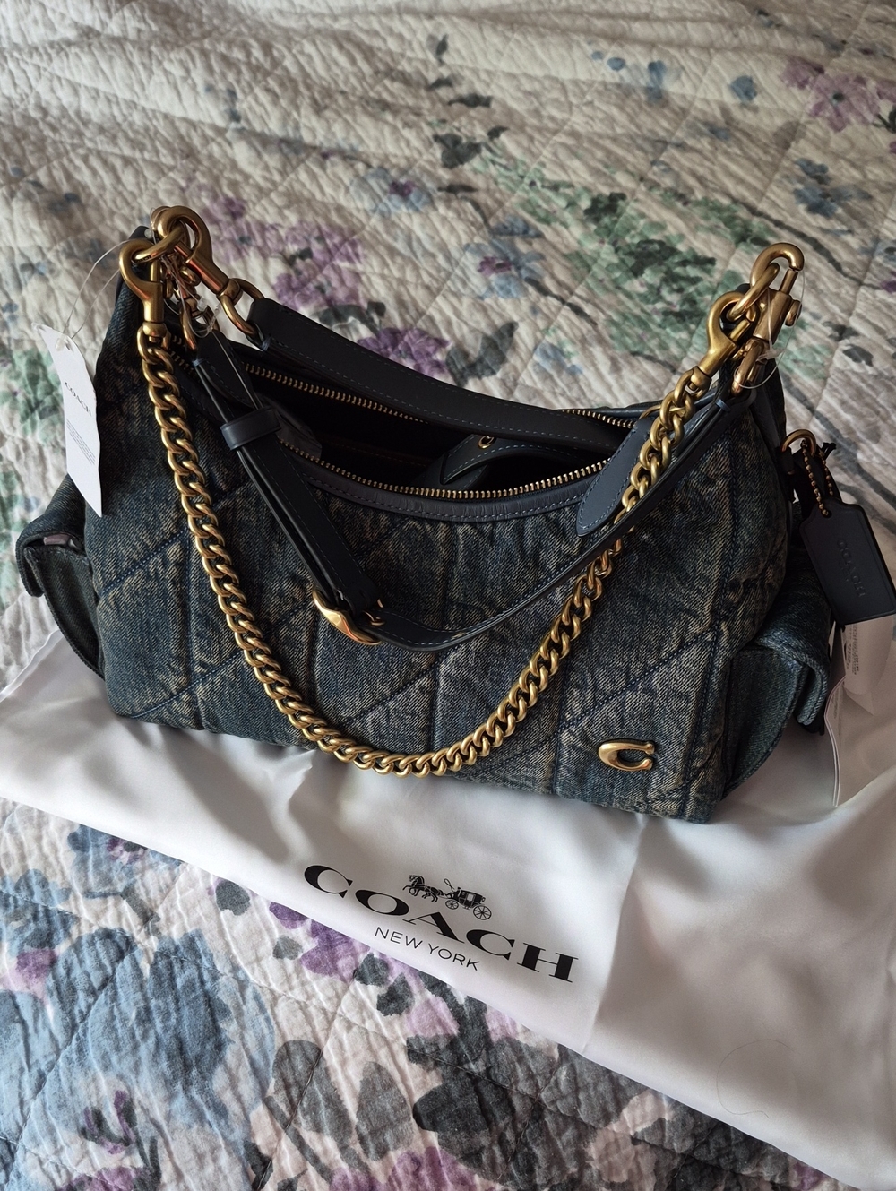 Coach Quilted Denim Shoulder Bag with Gold Hardware and Blue Trim